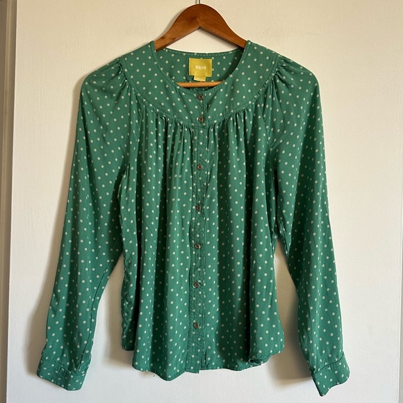 Anthropologie Maeve Teal Polka Dot Asbury Printed Button Down Blouse Size Small - Picture 4 of 11